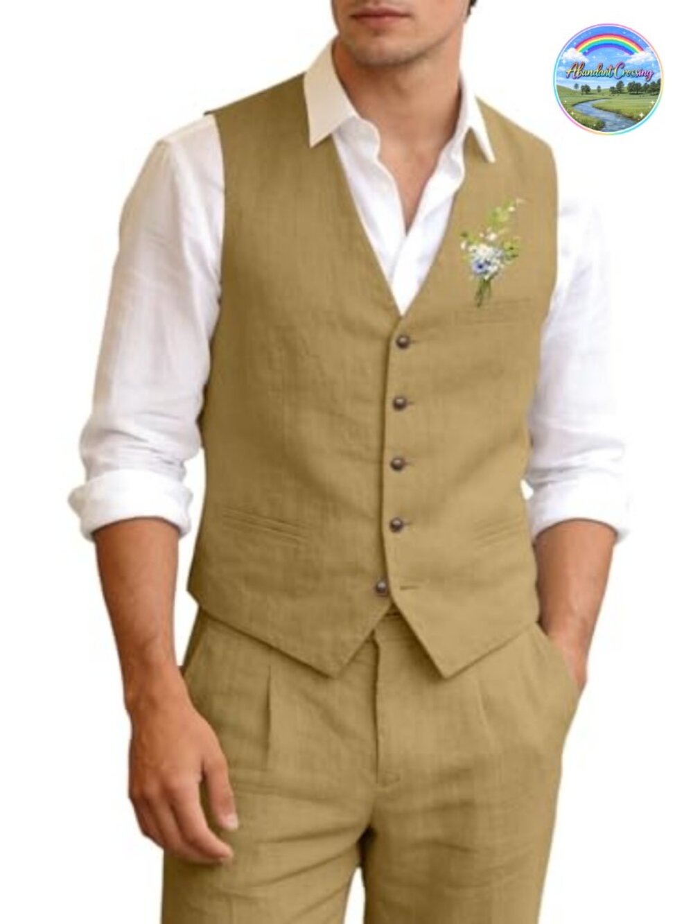 Men's Linen Vest and Pants Set Slim Fit 2 Piece Suit for Wedding Business